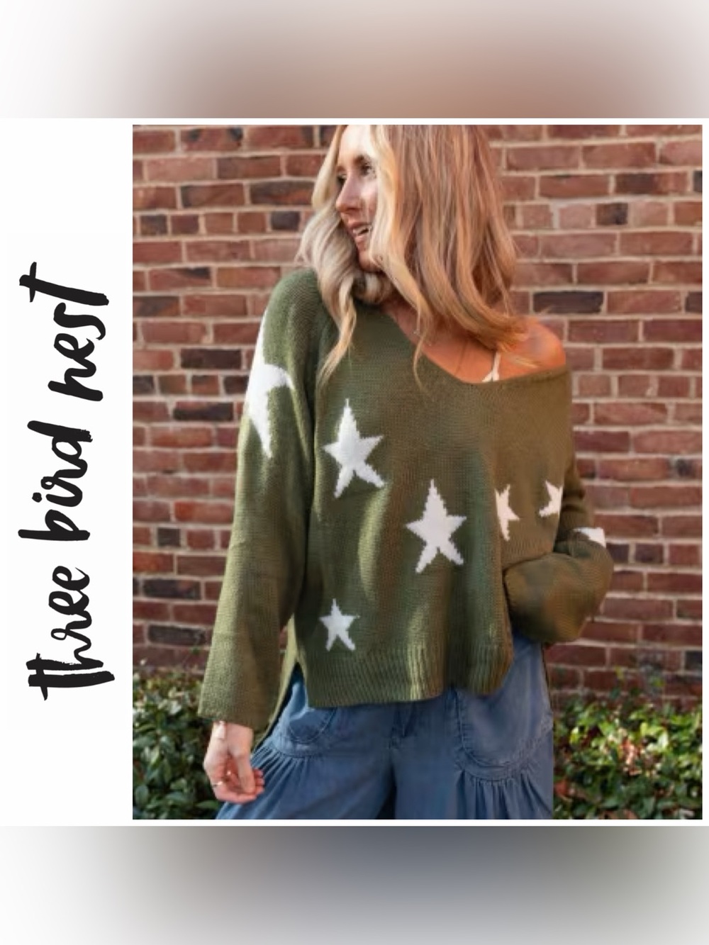 Three Bird Nest Shining Nights Starry V-Neck Sweater Olive Green Stars